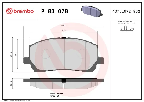 Bremsbelagsatz, Scheibenbremse Vorderachse BREMBO P 83 078 Bild Bremsbelagsatz, Scheibenbremse Vorderachse BREMBO P 83 078