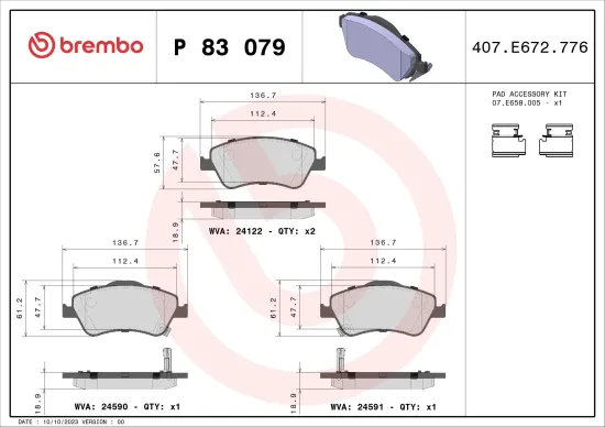 Bremsbelagsatz, Scheibenbremse Vorderachse BREMBO P 83 079 Bild Bremsbelagsatz, Scheibenbremse Vorderachse BREMBO P 83 079