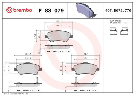 Bremsbelagsatz, Scheibenbremse Vorderachse BREMBO P 83 079 Bild Bremsbelagsatz, Scheibenbremse Vorderachse BREMBO P 83 079