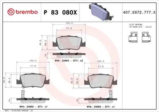 Bremsbelagsatz, Scheibenbremse Hinterachse BREMBO P 83 080X Bild Bremsbelagsatz, Scheibenbremse Hinterachse BREMBO P 83 080X