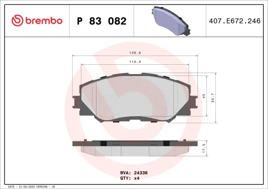 Bremsbelagsatz, Scheibenbremse Vorderachse BREMBO P 83 082 Bild Bremsbelagsatz, Scheibenbremse Vorderachse BREMBO P 83 082