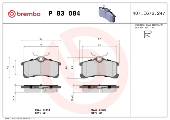 Bremsbelagsatz, Scheibenbremse Hinterachse BREMBO P 83 084 Bild Bremsbelagsatz, Scheibenbremse Hinterachse BREMBO P 83 084