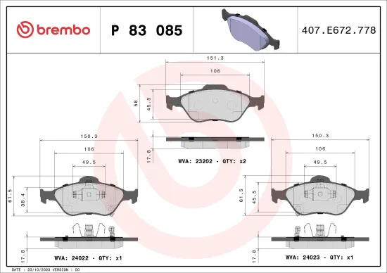Bremsbelagsatz, Scheibenbremse Vorderachse BREMBO P 83 085 Bild Bremsbelagsatz, Scheibenbremse Vorderachse BREMBO P 83 085