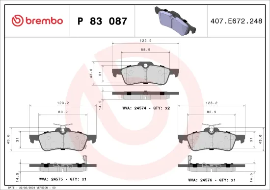 Bremsbelagsatz, Scheibenbremse Hinterachse BREMBO P 83 087 Bild Bremsbelagsatz, Scheibenbremse Hinterachse BREMBO P 83 087