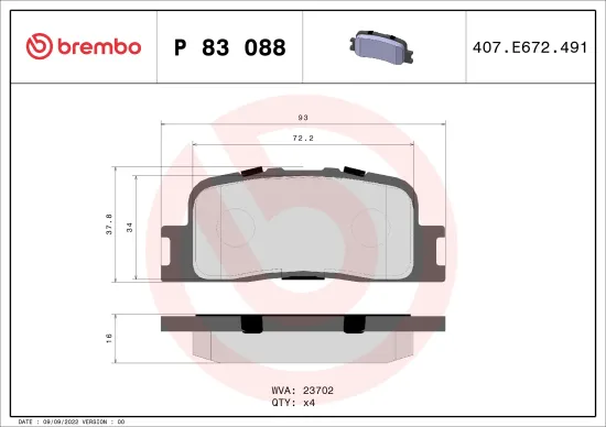 Bremsbelagsatz, Scheibenbremse Hinterachse BREMBO P 83 088 Bild Bremsbelagsatz, Scheibenbremse Hinterachse BREMBO P 83 088