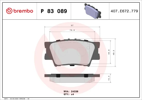 Bremsbelagsatz, Scheibenbremse Hinterachse BREMBO P 83 089 Bild Bremsbelagsatz, Scheibenbremse Hinterachse BREMBO P 83 089