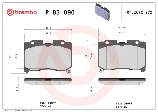 Bremsbelagsatz, Scheibenbremse Vorderachse BREMBO P 83 090 Bild Bremsbelagsatz, Scheibenbremse Vorderachse BREMBO P 83 090