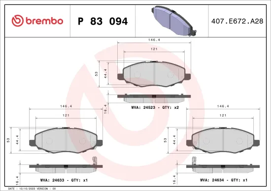 Bremsbelagsatz, Scheibenbremse Vorderachse BREMBO P 83 094 Bild Bremsbelagsatz, Scheibenbremse Vorderachse BREMBO P 83 094