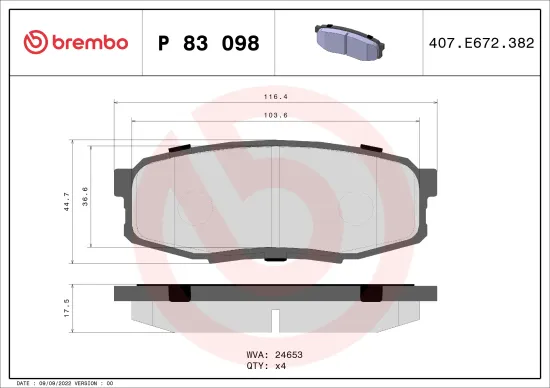 Bremsbelagsatz, Scheibenbremse Hinterachse BREMBO P 83 098 Bild Bremsbelagsatz, Scheibenbremse Hinterachse BREMBO P 83 098
