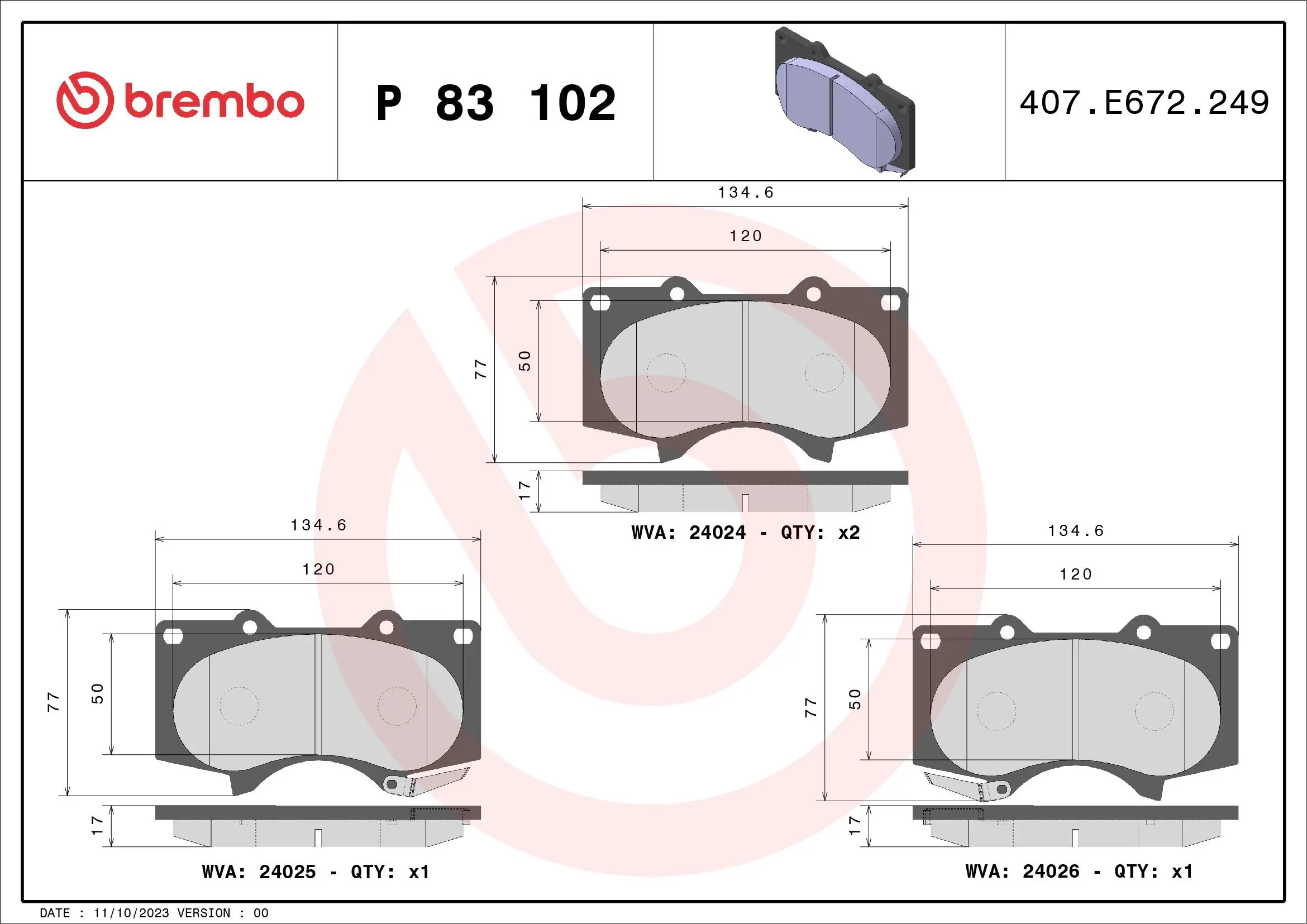 Bremsbelagsatz, Scheibenbremse BREMBO P 83 102X