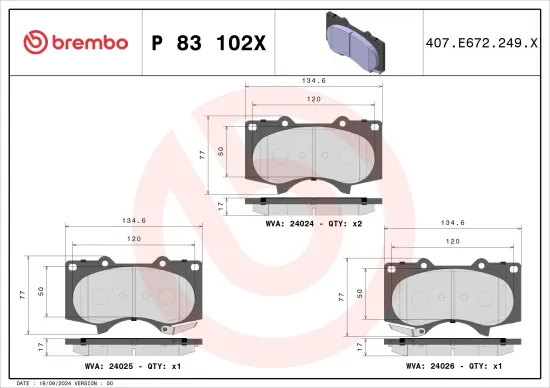 Bremsbelagsatz, Scheibenbremse Vorderachse BREMBO P 83 102X Bild Bremsbelagsatz, Scheibenbremse Vorderachse BREMBO P 83 102X