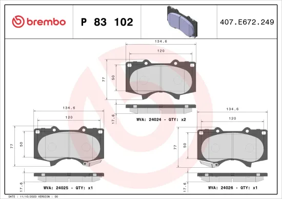Bremsbelagsatz, Scheibenbremse Vorderachse BREMBO P 83 102 Bild Bremsbelagsatz, Scheibenbremse Vorderachse BREMBO P 83 102