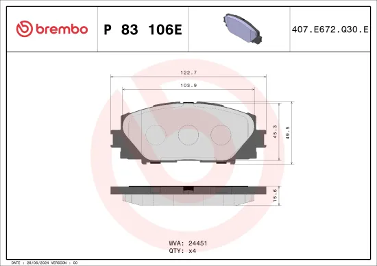 Bremsbelagsatz, Scheibenbremse Vorderachse BREMBO P 83 106E Bild Bremsbelagsatz, Scheibenbremse Vorderachse BREMBO P 83 106E