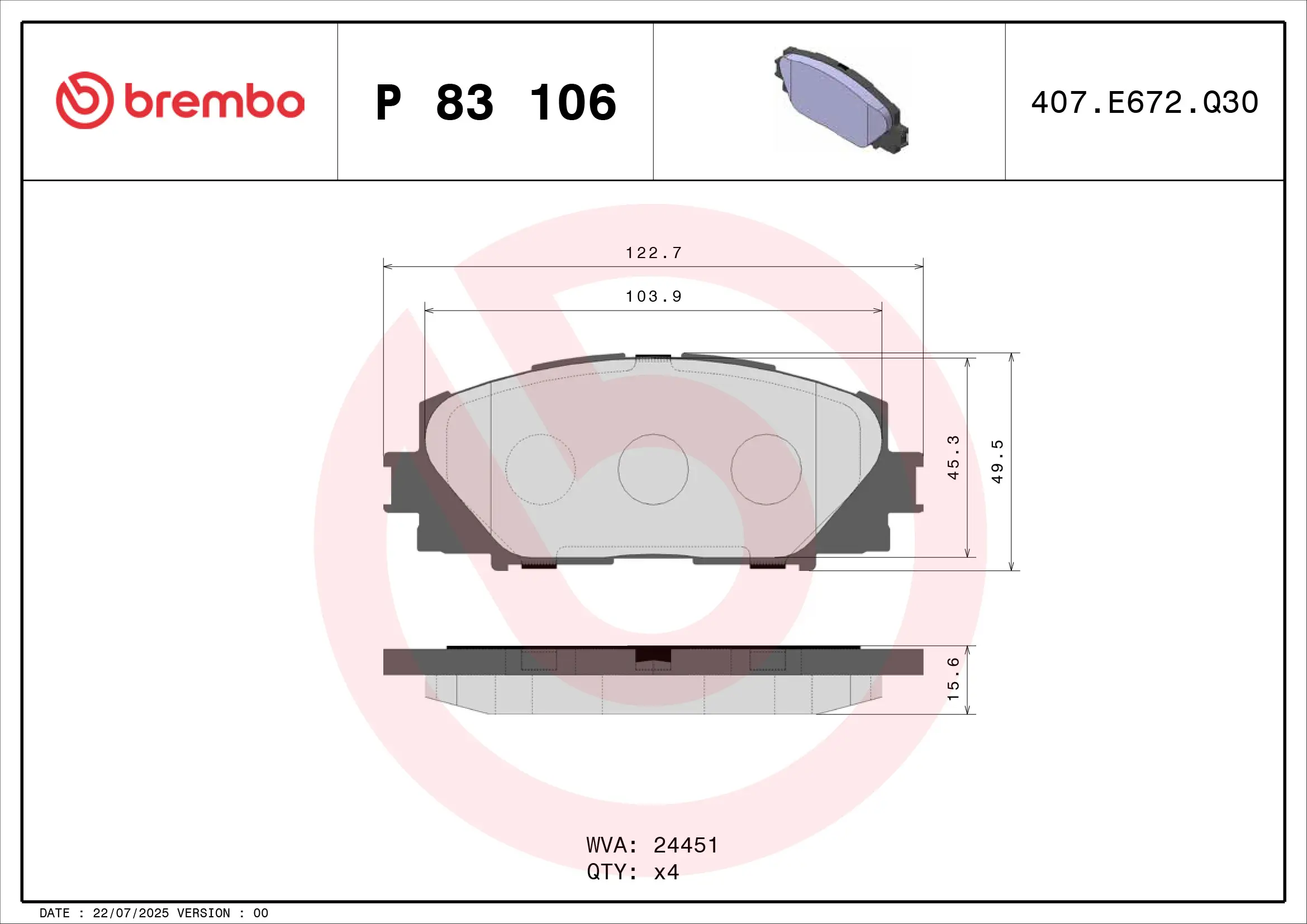 Bremsbelagsatz, Scheibenbremse Vorderachse BREMBO P 83 106