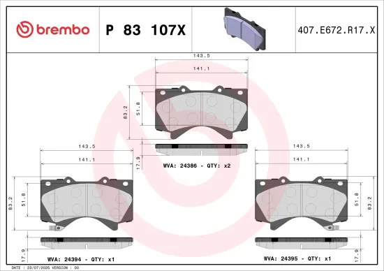 Bremsbelagsatz, Scheibenbremse Vorderachse BREMBO P 83 107X Bild Bremsbelagsatz, Scheibenbremse Vorderachse BREMBO P 83 107X