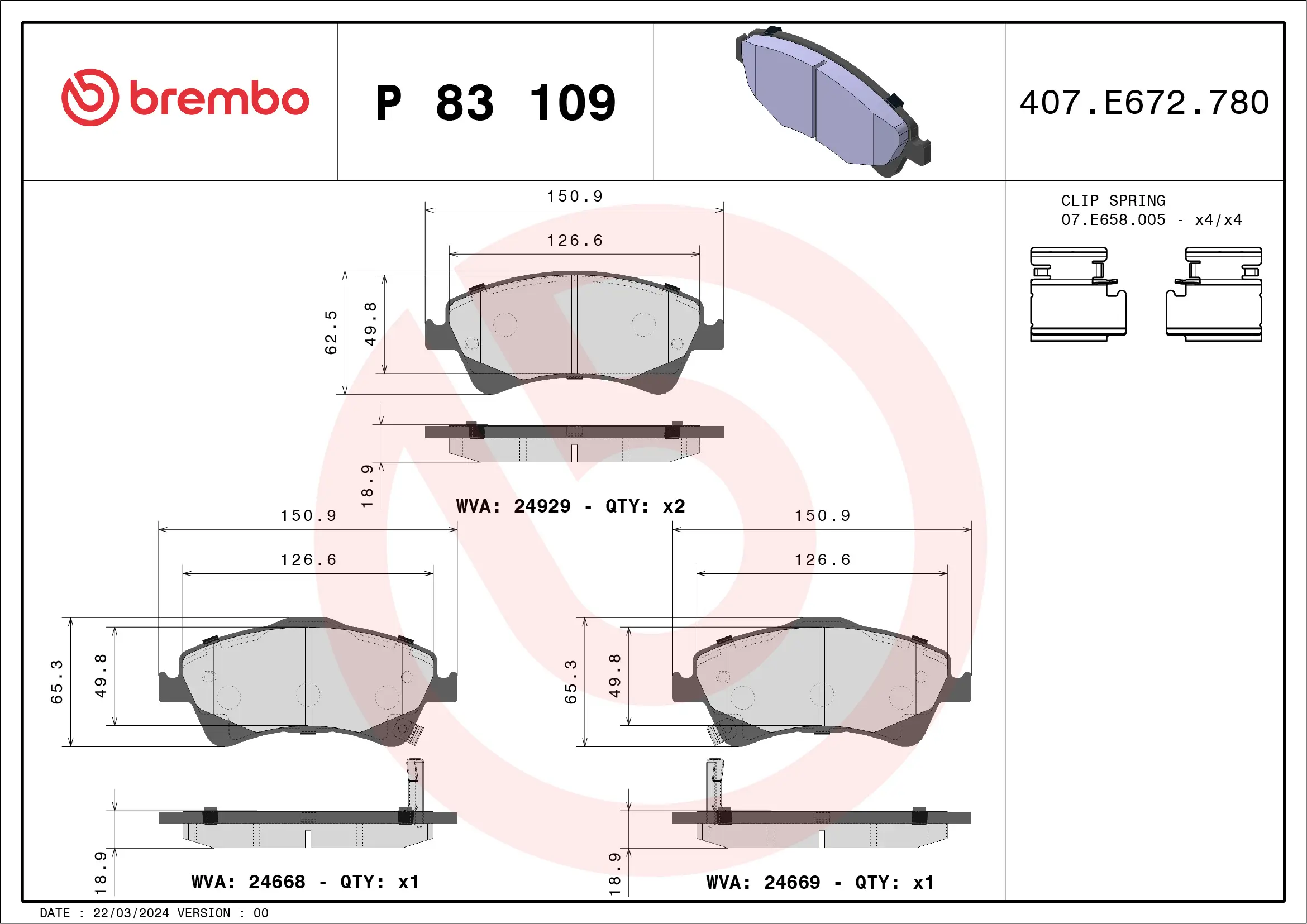 Bremsbelagsatz, Scheibenbremse Vorderachse BREMBO P 83 109