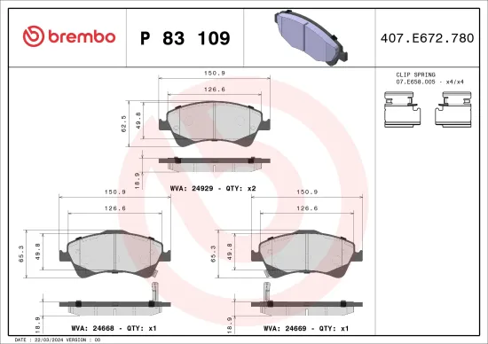 Bremsbelagsatz, Scheibenbremse Vorderachse BREMBO P 83 109 Bild Bremsbelagsatz, Scheibenbremse Vorderachse BREMBO P 83 109
