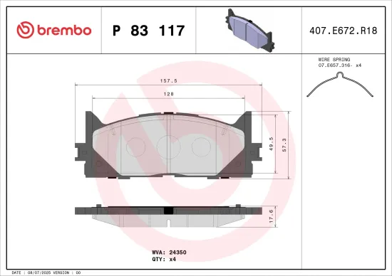 Bremsbelagsatz, Scheibenbremse Vorderachse BREMBO P 83 117 Bild Bremsbelagsatz, Scheibenbremse Vorderachse BREMBO P 83 117