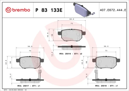 Bremsbelagsatz, Scheibenbremse Hinterachse BREMBO P 83 133E Bild Bremsbelagsatz, Scheibenbremse Hinterachse BREMBO P 83 133E