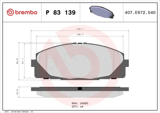Bremsbelagsatz, Scheibenbremse Vorderachse BREMBO P 83 139 Bild Bremsbelagsatz, Scheibenbremse Vorderachse BREMBO P 83 139