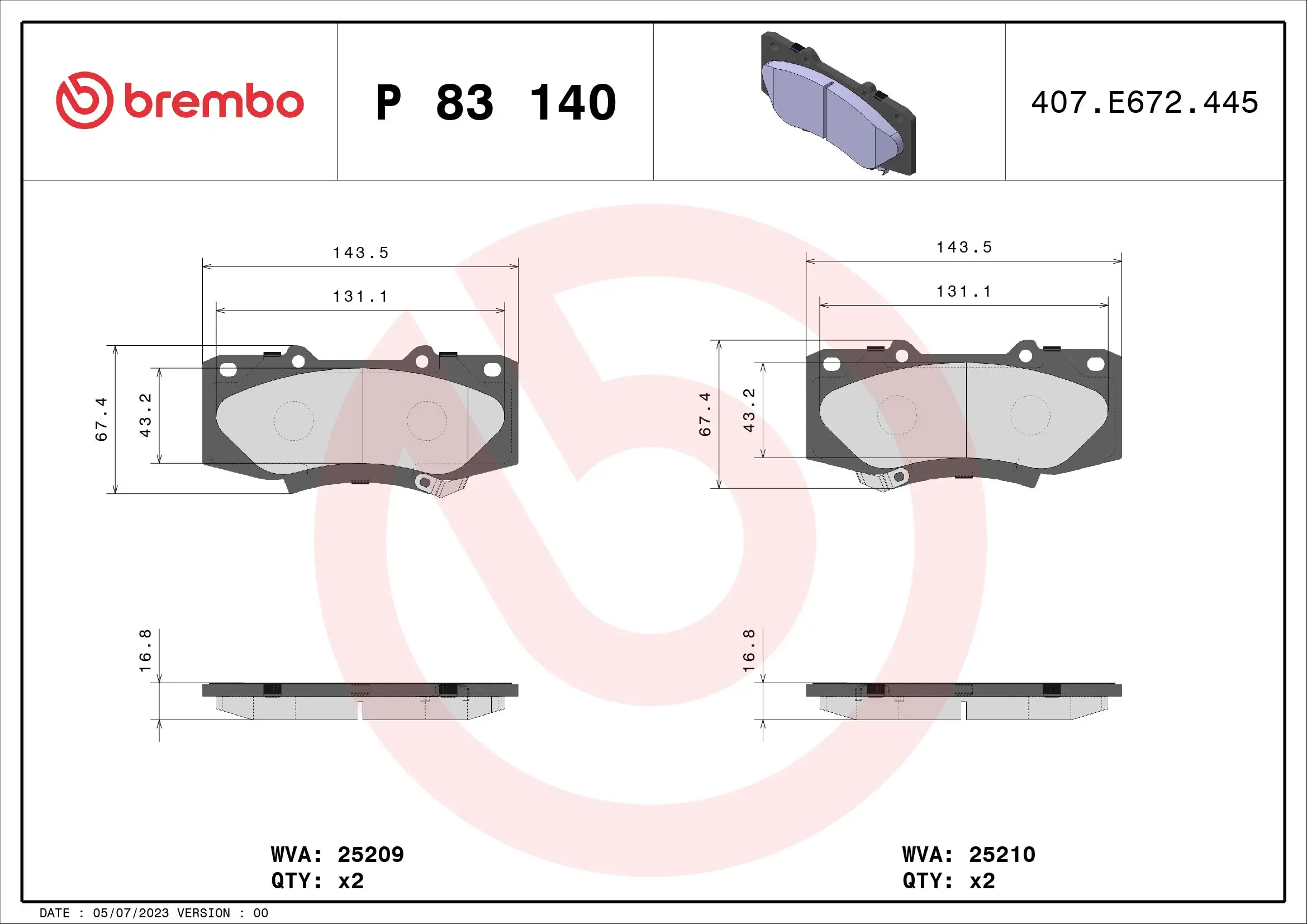 Bremsbelagsatz, Scheibenbremse Vorderachse BREMBO P 83 140