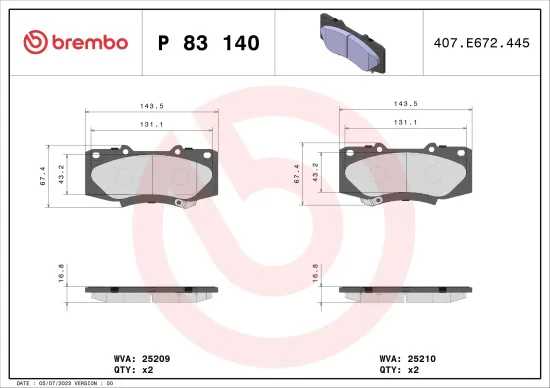 Bremsbelagsatz, Scheibenbremse Vorderachse BREMBO P 83 140 Bild Bremsbelagsatz, Scheibenbremse Vorderachse BREMBO P 83 140