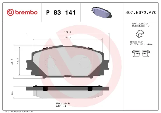 Bremsbelagsatz, Scheibenbremse Vorderachse BREMBO P 83 141 Bild Bremsbelagsatz, Scheibenbremse Vorderachse BREMBO P 83 141
