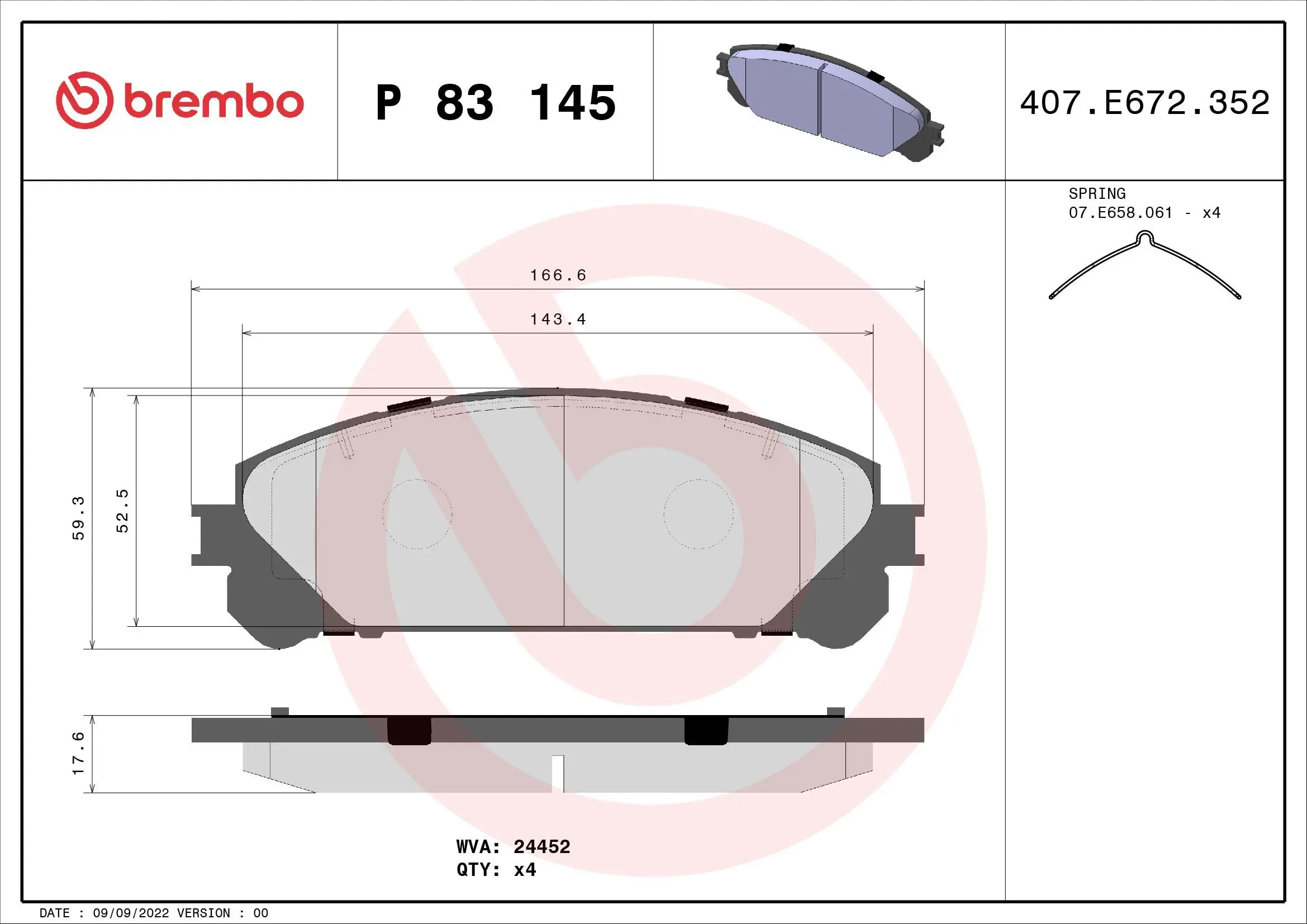 Bremsbelagsatz, Scheibenbremse Vorderachse BREMBO P 83 145