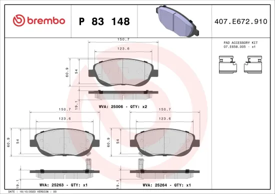 Bremsbelagsatz, Scheibenbremse Vorderachse BREMBO P 83 148 Bild Bremsbelagsatz, Scheibenbremse Vorderachse BREMBO P 83 148