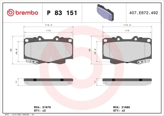 Bremsbelagsatz, Scheibenbremse Vorderachse BREMBO P 83 151 Bild Bremsbelagsatz, Scheibenbremse Vorderachse BREMBO P 83 151