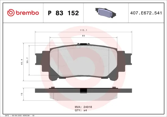 Bremsbelagsatz, Scheibenbremse Hinterachse BREMBO P 83 152 Bild Bremsbelagsatz, Scheibenbremse Hinterachse BREMBO P 83 152