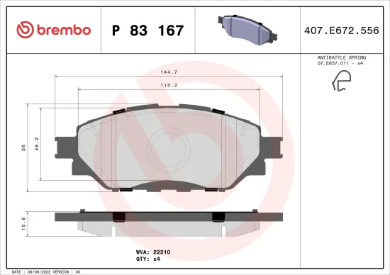 Bremsbelagsatz, Scheibenbremse Vorderachse BREMBO P 83 167 Bild Bremsbelagsatz, Scheibenbremse Vorderachse BREMBO P 83 167