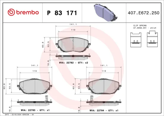 Bremsbelagsatz, Scheibenbremse Vorderachse BREMBO P 83 171 Bild Bremsbelagsatz, Scheibenbremse Vorderachse BREMBO P 83 171