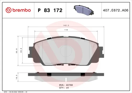 Bremsbelagsatz, Scheibenbremse Vorderachse BREMBO P 83 172 Bild Bremsbelagsatz, Scheibenbremse Vorderachse BREMBO P 83 172