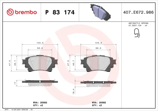 Bremsbelagsatz, Scheibenbremse Hinterachse BREMBO P 83 174 Bild Bremsbelagsatz, Scheibenbremse Hinterachse BREMBO P 83 174