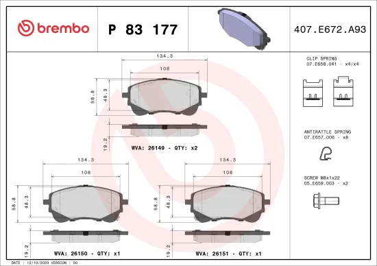 Bremsbelagsatz, Scheibenbremse Vorderachse BREMBO P 83 177 Bild Bremsbelagsatz, Scheibenbremse Vorderachse BREMBO P 83 177