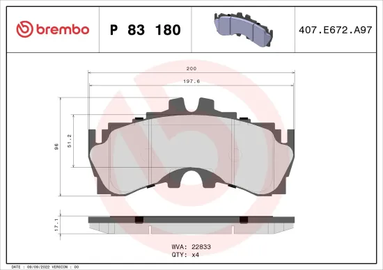 Bremsbelagsatz, Scheibenbremse Vorderachse BREMBO P 83 180 Bild Bremsbelagsatz, Scheibenbremse Vorderachse BREMBO P 83 180