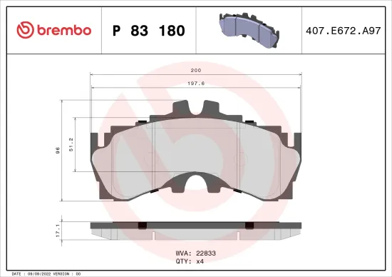 Bremsbelagsatz, Scheibenbremse Vorderachse BREMBO P 83 180 Bild Bremsbelagsatz, Scheibenbremse Vorderachse BREMBO P 83 180