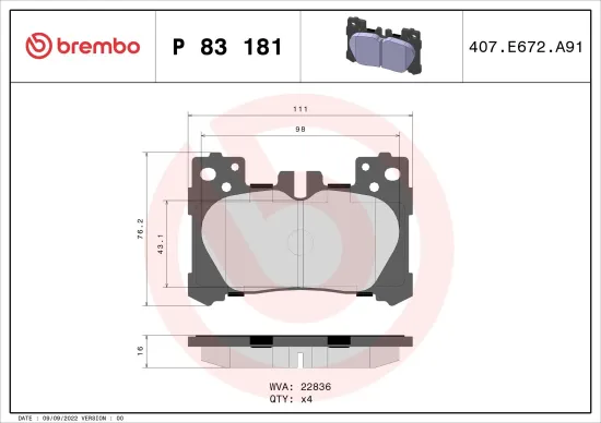 Bremsbelagsatz, Scheibenbremse Hinterachse BREMBO P 83 181 Bild Bremsbelagsatz, Scheibenbremse Hinterachse BREMBO P 83 181