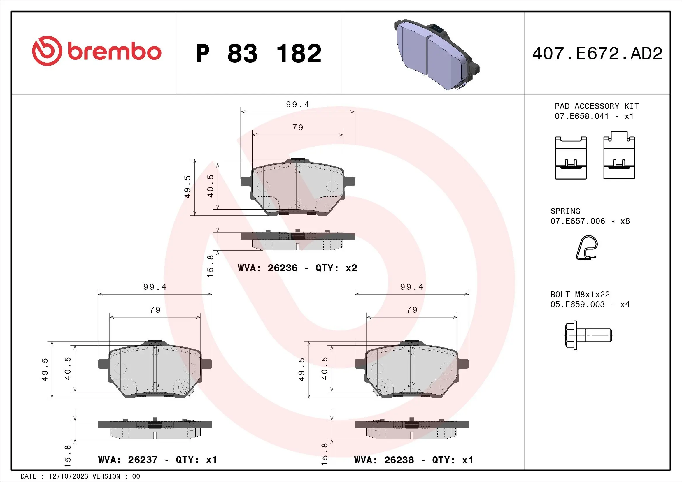 Bremsbelagsatz, Scheibenbremse Hinterachse BREMBO P 83 182