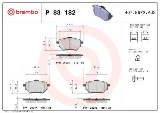 Bremsbelagsatz, Scheibenbremse Hinterachse BREMBO P 83 182 Bild Bremsbelagsatz, Scheibenbremse Hinterachse BREMBO P 83 182