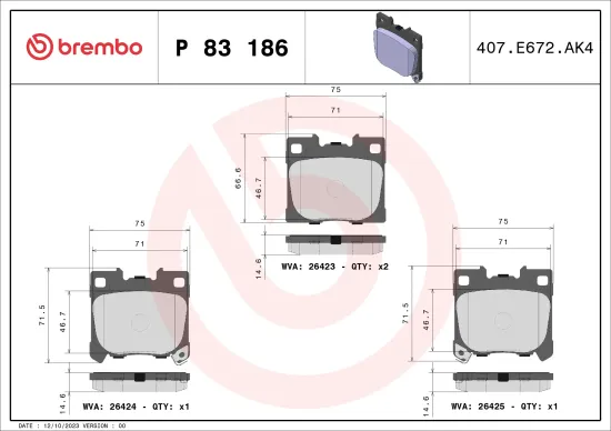 Bremsbelagsatz, Scheibenbremse Hinterachse BREMBO P 83 186 Bild Bremsbelagsatz, Scheibenbremse Hinterachse BREMBO P 83 186