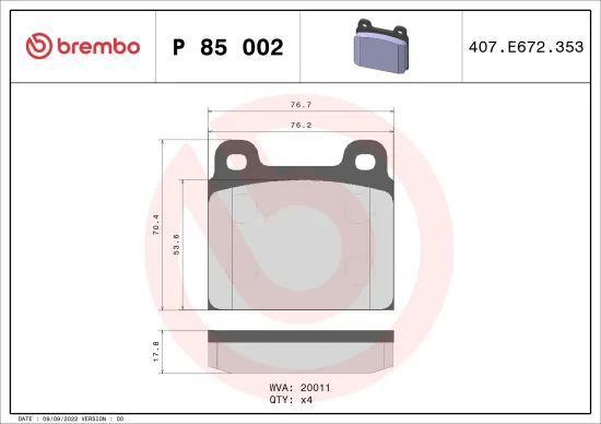 Bremsbelagsatz, Scheibenbremse Vorderachse BREMBO P 85 002 Bild Bremsbelagsatz, Scheibenbremse Vorderachse BREMBO P 85 002