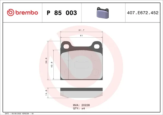 Bremsbelagsatz, Scheibenbremse Vorderachse BREMBO P 85 003 Bild Bremsbelagsatz, Scheibenbremse Vorderachse BREMBO P 85 003