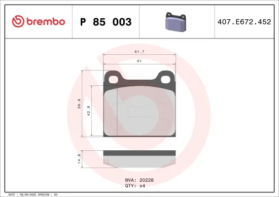 Bremsbelagsatz, Scheibenbremse Vorderachse BREMBO P 85 003 Bild Bremsbelagsatz, Scheibenbremse Vorderachse BREMBO P 85 003