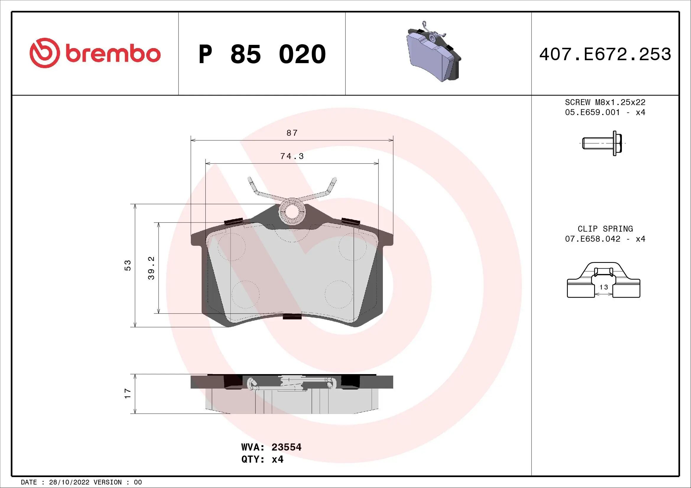 Bremsbelagsatz, Scheibenbremse BREMBO P 85 020