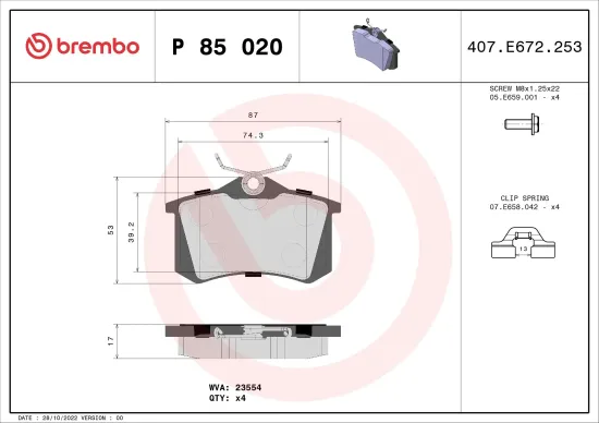 Bremsbelagsatz, Scheibenbremse BREMBO P 85 020X Bild Bremsbelagsatz, Scheibenbremse BREMBO P 85 020X