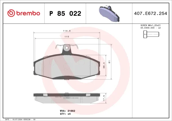 Bremsbelagsatz, Scheibenbremse Vorderachse BREMBO P 85 022 Bild Bremsbelagsatz, Scheibenbremse Vorderachse BREMBO P 85 022
