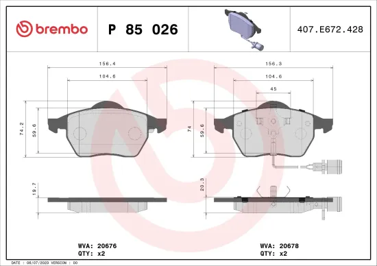 Bremsbelagsatz, Scheibenbremse Vorderachse BREMBO P 85 026 Bild Bremsbelagsatz, Scheibenbremse Vorderachse BREMBO P 85 026