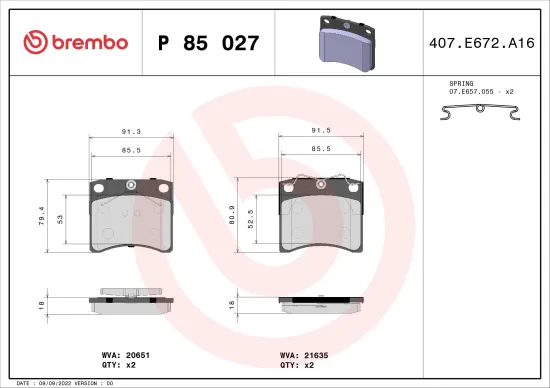 Bremsbelagsatz, Scheibenbremse Vorderachse BREMBO P 85 027 Bild Bremsbelagsatz, Scheibenbremse Vorderachse BREMBO P 85 027